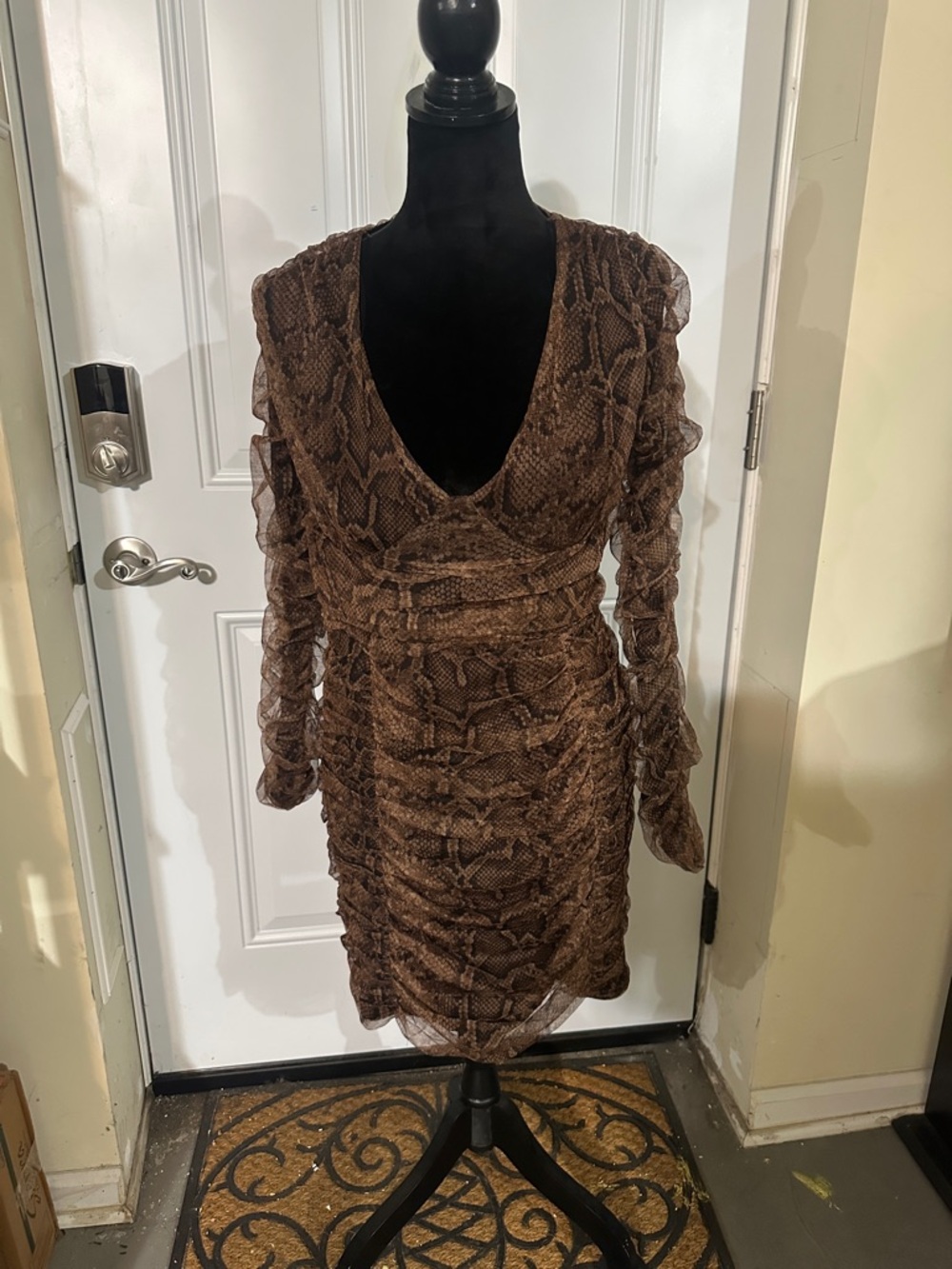 Zara Brown Snake-Print Long Sleeve V-Neck Mini Dress